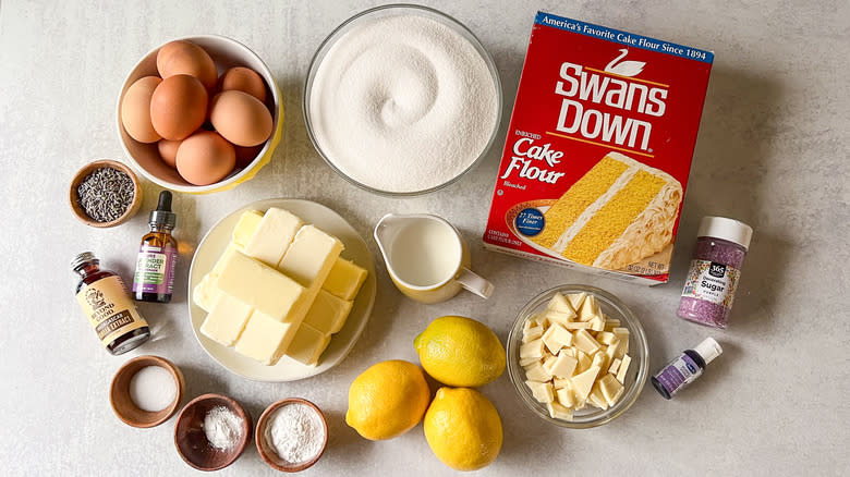 Bright and sunny lemon lavender cake ingredients on counter top