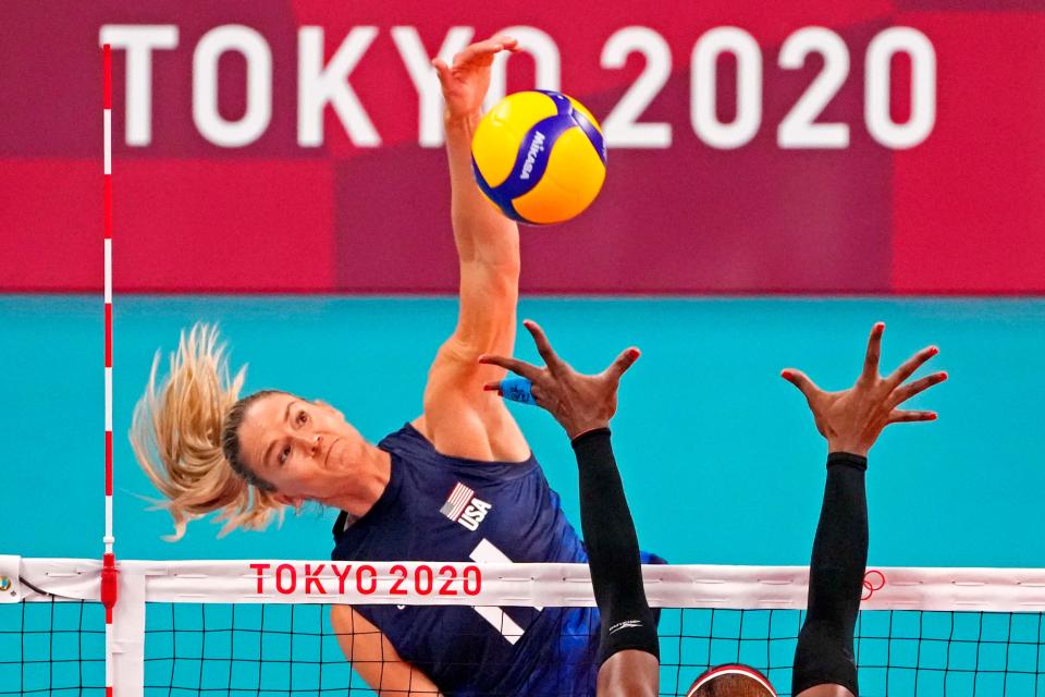 U.S. opposite Andrea Drews spikes the ball during a quarterfinal match at the Tokyo Olympics.