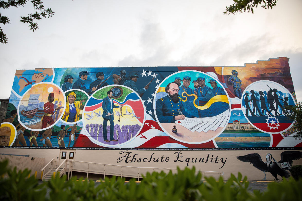 Image: A mural on May 4 at the spot in Galveston, Texas, where Gen. Gordon Granger issued the orders that resulted in the freedom of more than 250,000 enslaved Black people in Texas. (Montinique Monroe / Redux Pictures)