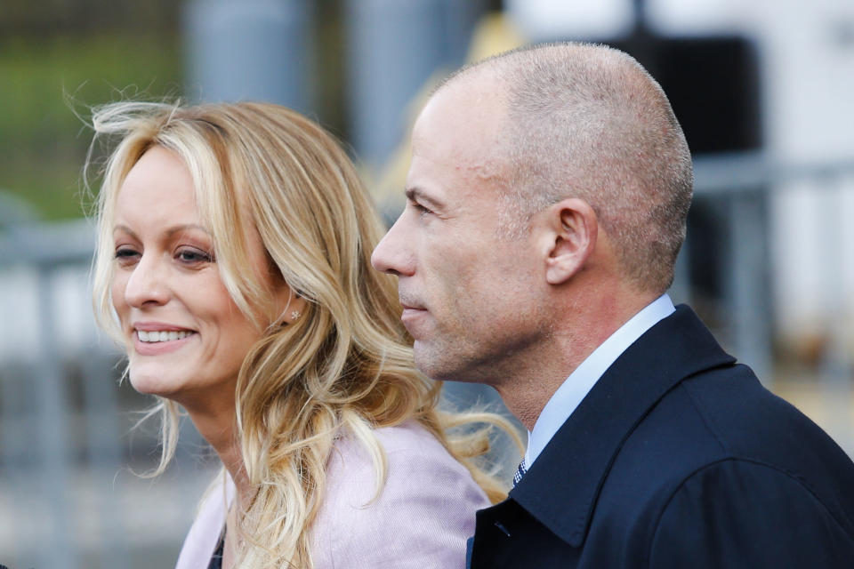 Adult-film actress Stephanie Clifford, also known as Stormy Daniels and her lawyer Michael Avenatti exit the US Federal Court on April 16, 2018, in Lower Manhattan, New York.
President Donald Trump's personal lawyer Michael Cohen has been under criminal investigation for months over his business dealings, and FBI agents last week raided his home, hotel room, office, a safety deposit box and seized two cellphones. Some of the documents reportedly relate to payments to porn star Stormy Daniels, who claims a one-night stand with Trump a decade ago, and ex Playboy model Karen McDougal who also claims an affair. / AFP PHOTO / EDUARDO MUNOZ ALVAREZ        (Photo credit should read EDUARDO MUNOZ ALVAREZ/AFP via Getty Images)