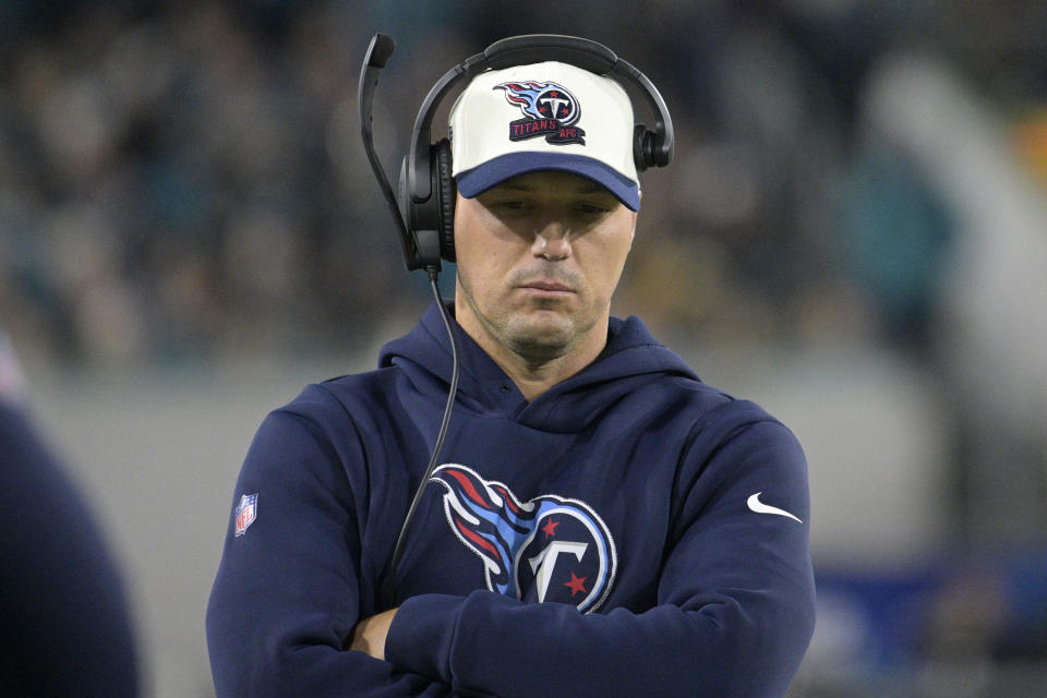 FILE - Tennessee Titans special teams coach Craig Aukerman works from the sideline during the first half of an NFL football game against the Jacksonville Jaguars, Jan. 7, 2023, in Jacksonville, Fla. Tennessee coach Mike Vrabel announced Monday, Dec. 4, that he has fired Aukerman after the Titans had a punt blocked and returned for a touchdown followed by the punter, Ryan Stonehouse, suffering a season-ending injury on his next punt attempt. (AP Photo/Phelan M. Ebenhack, File)