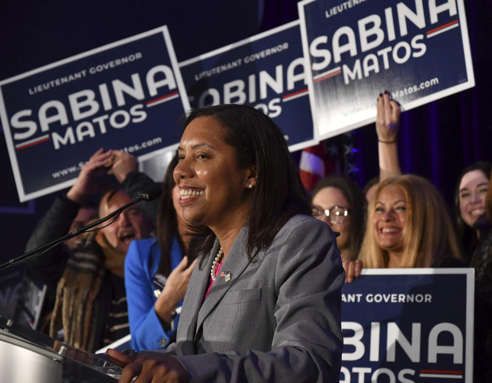 FILE - Lt. Gov. Sabina Matos gives her victory speech during an election night gathering of Rhode Island Democratic candidates and supporters, Nov. 8, 2022, in Providence, R.I. A crowded field of candidates will be on the ballot in Rhode Island, including Matos, on Tuesday with an eye on replacing former U.S. Rep. David Cicilline, the seven-term Democrat who resigned in May to run a nonprofit foundation. (AP Photo/Mark Stockwell, File)