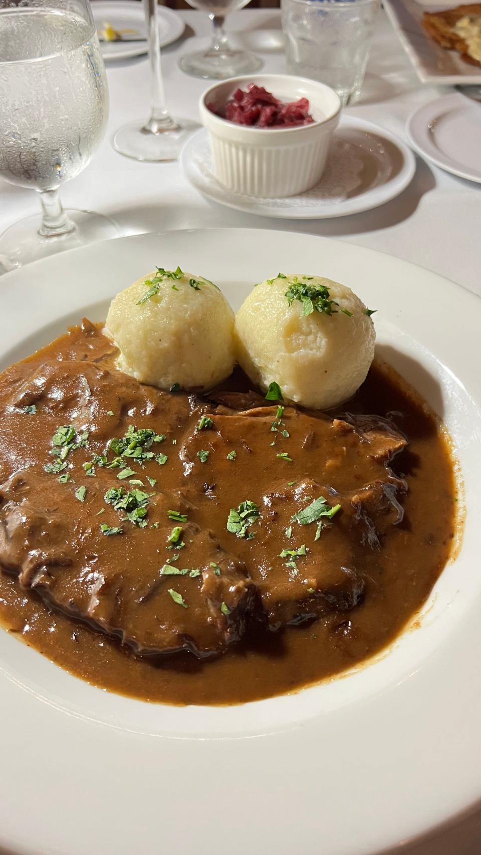 At the Schnitzel Haus in Hobe Sound, the sauerbraten is marinated and braised beef with robust sweet and sour flavors.