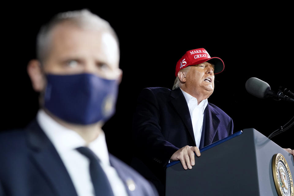 President Donald Trump speaks at a campaign rally at Des Moines International Airport, Wednesday, Oct. 14, 2020, in Des Moines, Iowa. (AP Photo/Alex Brandon)