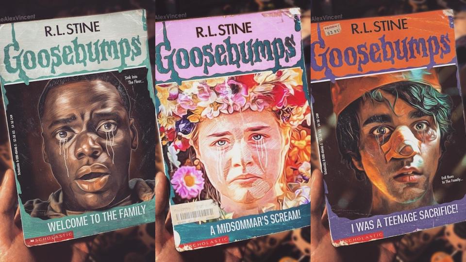 Goosebumps style covers based on Get Out, Midsommar, and Hereditary