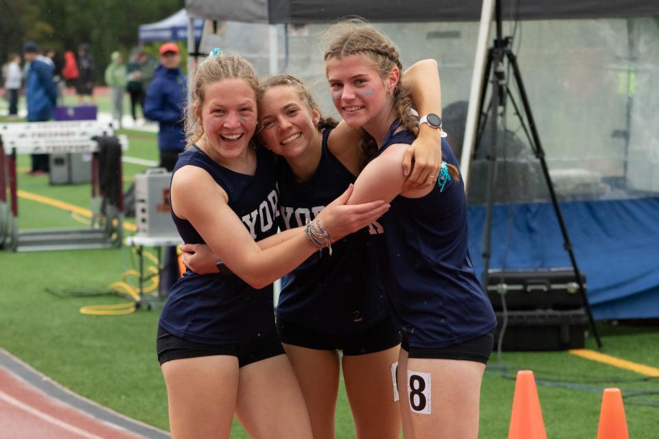 From left, York's Cary Drake, Molly Kenealy, Zoe Carroll all scored in the 800-meter run at Saturday's Class B state championship meet at Freeport High School.