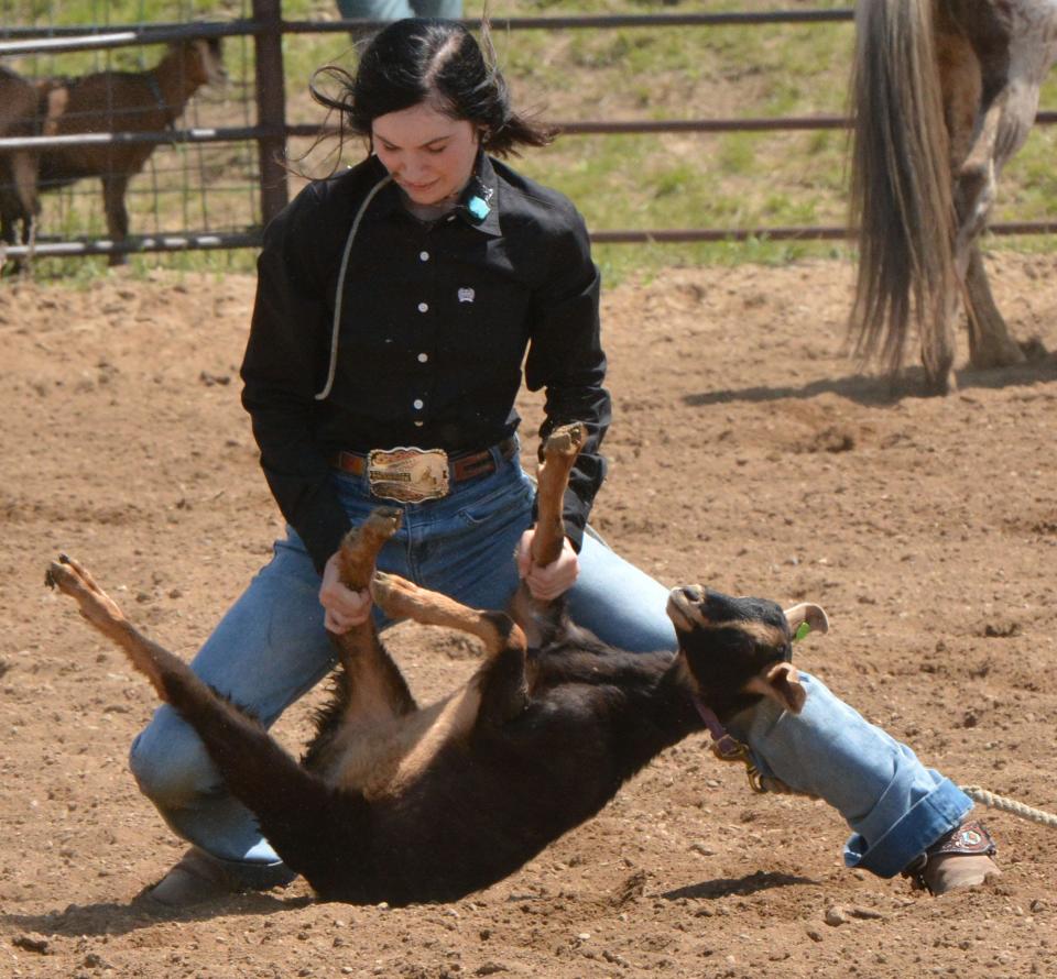 Jayla Jones of Groton Area gets ready to rope a goat in the 2022 Watertown East Region High School Rodeo at Derby Downs. The 2023 Watertown East Region High School Rodeo will be held this weekend. Full rodeos are slated for 12:30 p.m. on Saturday and 10:30 a.m. on Sunday.