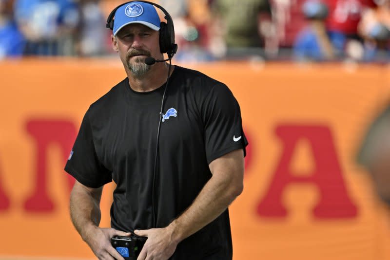 Head coach Dan Campbell led the Detroit Lions to their first playoff victory since 1992 on Jan. 14, when they defeated the Los Angeles Rams in Detroit. File Photo by Steve Nesius/UPI