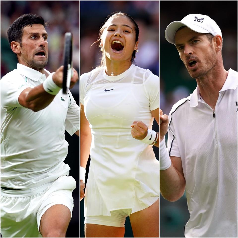 Novak Djokovic, Emma Raducanu and Andy Murray were all Centre Court winners on day one of Wimbledon (Adam Davy/PA)