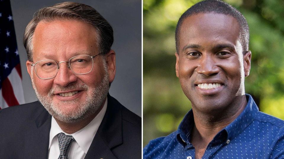 U.S. Sen. Gary Peters, D-Mich., left, and John James