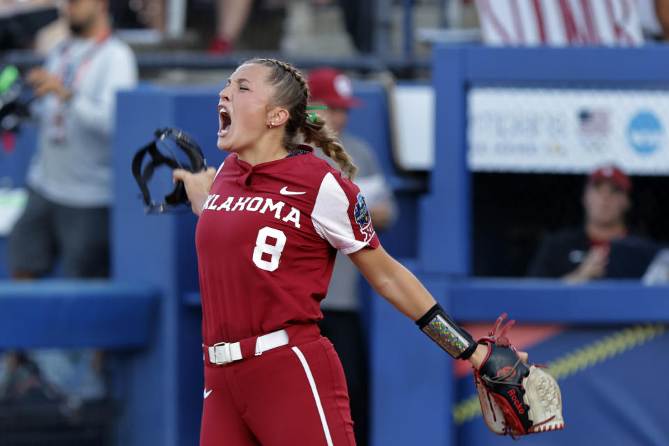 Oklahoma pitcher Alex Storako celebrates after an out against Florida State during the third inning of the second game of the NCAA Women's College World Series softball championship series Thursday, June 8, 2023, in Oklahoma City. (AP Photo/Nate Billings)