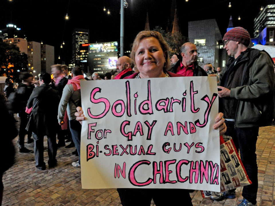 Activists in Melbourne, Australia, stand in solidarity with gay and bisexual men being abducted, tortured, and in some instances killed in Chechnya: EPA