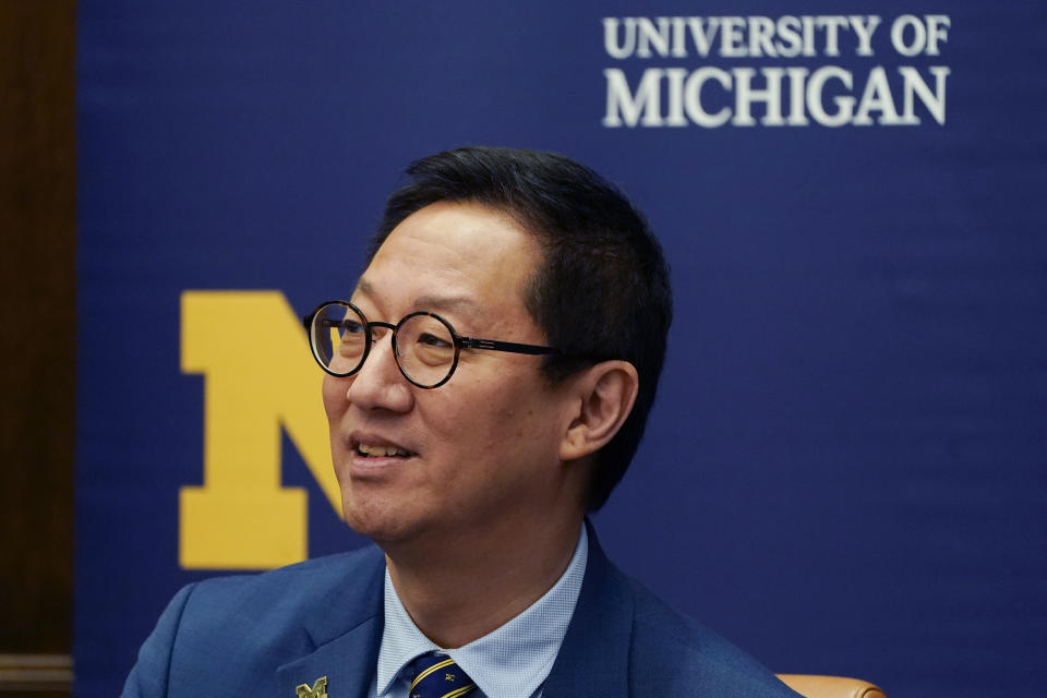 Santa Ono is seen before being introduced as the new president of the University of Michigan, Wednesday, July 13, 2022, in Ann Arbor, Mich. Ono becomes UM's 15th president and its first minority and Asian chief executive — the son of Japanese immigrants who came to the United States after World War II. The 59-year-old Ono has led the University of British Columbia for nearly six years after guiding the University of Cincinnati for four years. (AP Photo/Carlos Osorio)