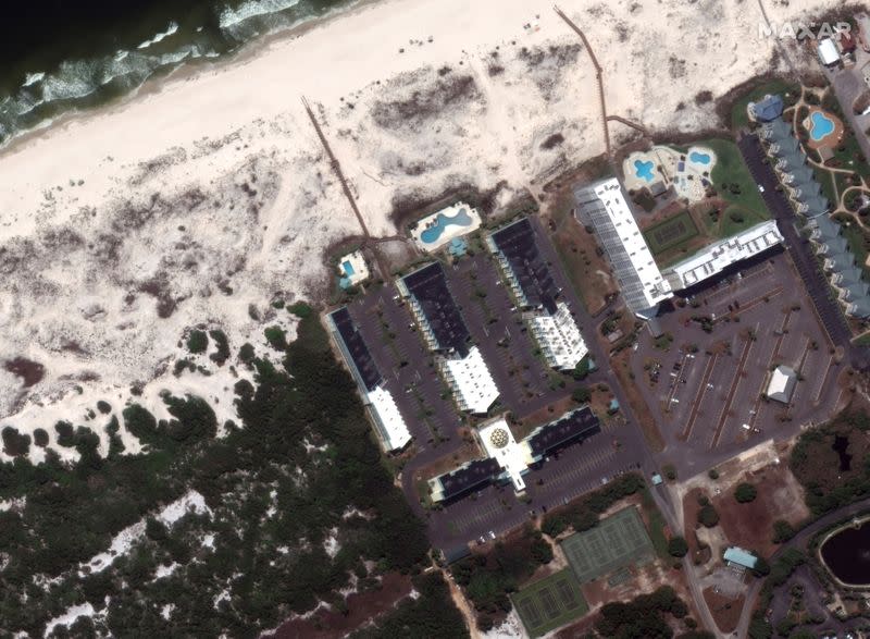 A satellite image shows buildings at Gulf Shores Plantation on Fort Morgan Peninsula in Alabama, before Hurricane Sally