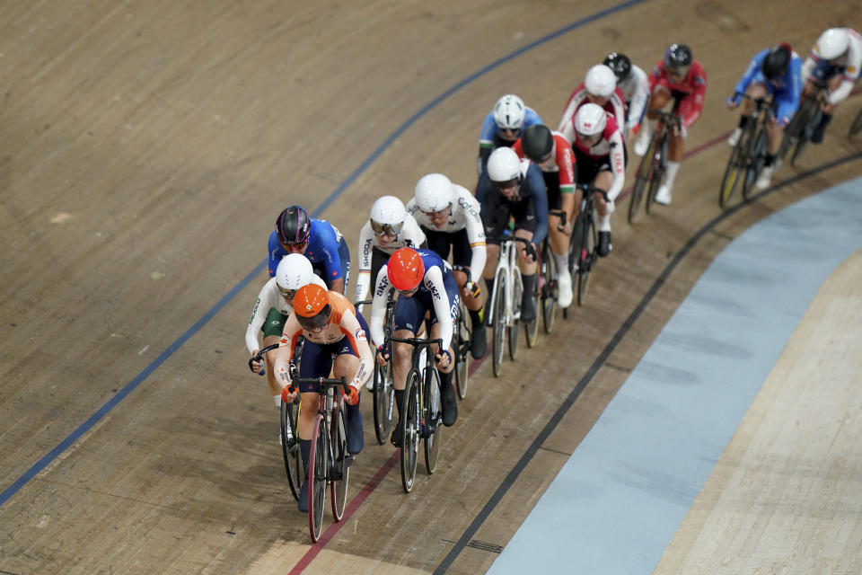 The Netherlands' Marit Raaijmakers competes in the Women's Elite Points Race on day six of the 2023 UCI Cycling World Championships in Glasgow, Scotland, Tuesday, Aug. 8, 2023. (Tim Goode/PA via AP)