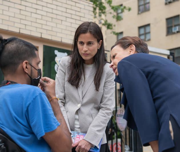 Tali Farhadian Weinstein, seen here campaigning with Rep. Nydia Velázquez, has leveraged a massive cash advantage to front-runner status in the Democratic primary for Manhattan district attorney. (Photo: Tali Farhadian Weinstein for DA)