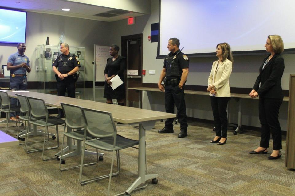 From left, Darry Lloyd, spokesman for the Eighth Judicial Circuit's State Attorney's Office; GPD Sgt. Matt Walters; Anntwanique D. Edwards, Ph.D., chief of Equity, Inclusion and Community Engagement for Alachua County Public Schools; GPD officer Rob Koehler; Circuit Judge Susanne Wilson Bullard and Rebecca Shinholser, juvenile division chief at the State Attorney's Office, address the Black on Black Crime Task Force on Wednesday.
(Photo: Photo by Voleer Thomas/For The Guardian)