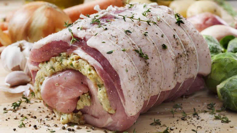 fat-side up raw stuffed pork roast