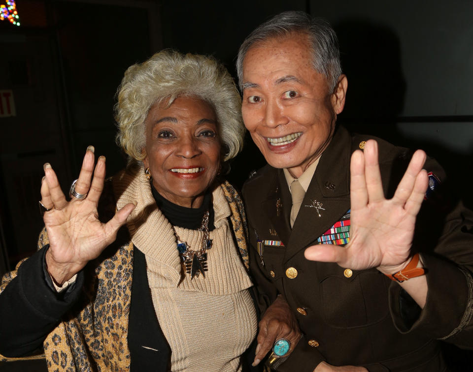 "Star Trek" co-stars Nichelle Nichols and George Takei pose backstage at the hit musical "Allegiance" on Dec. 6, 2015, in New York City.