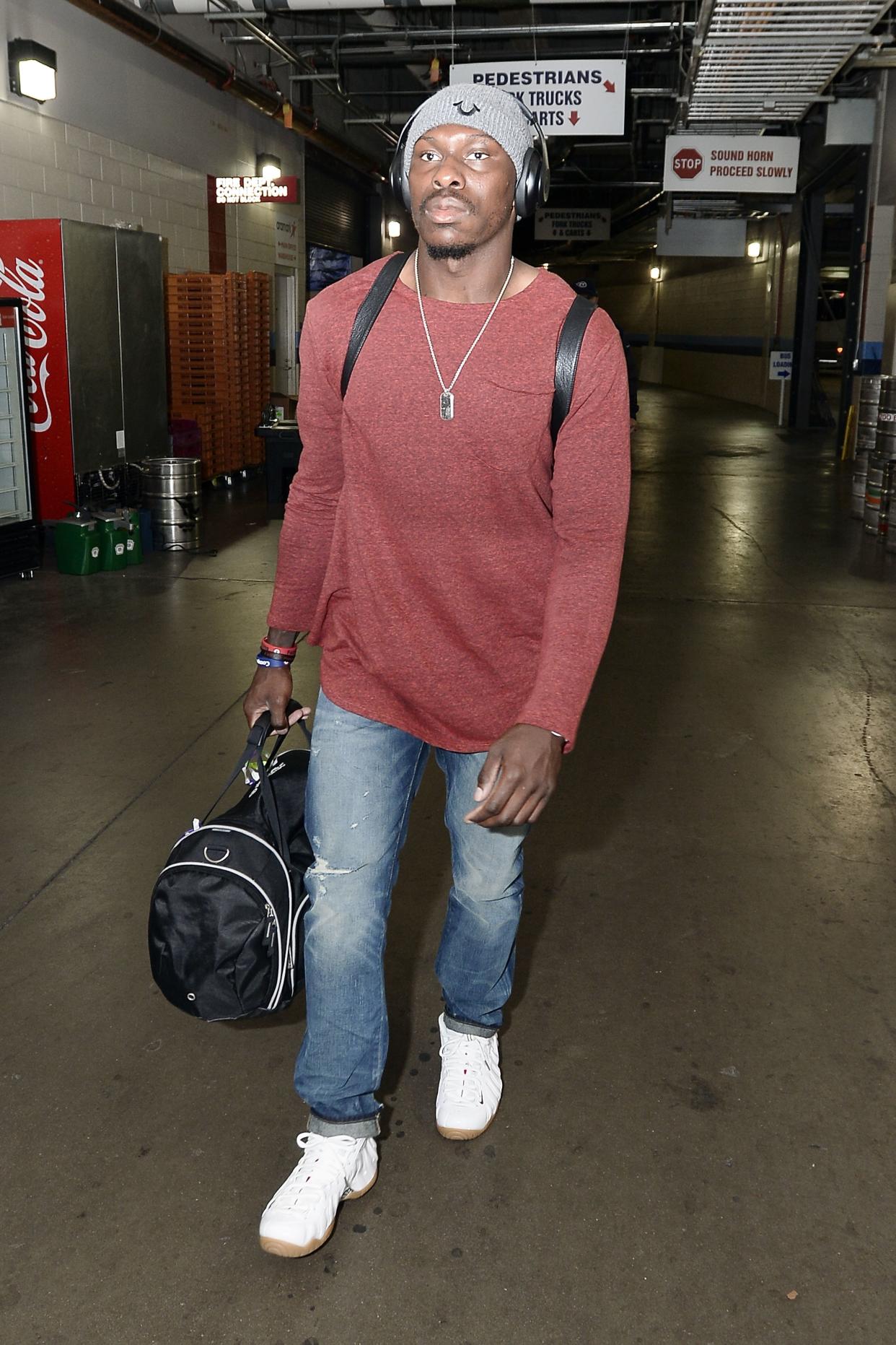 In this Oct. 25, 2015 file photo, Atlanta Falcons defensive back Phillip Adams arrives for a game against the Tennessee Titans in Nashville. 