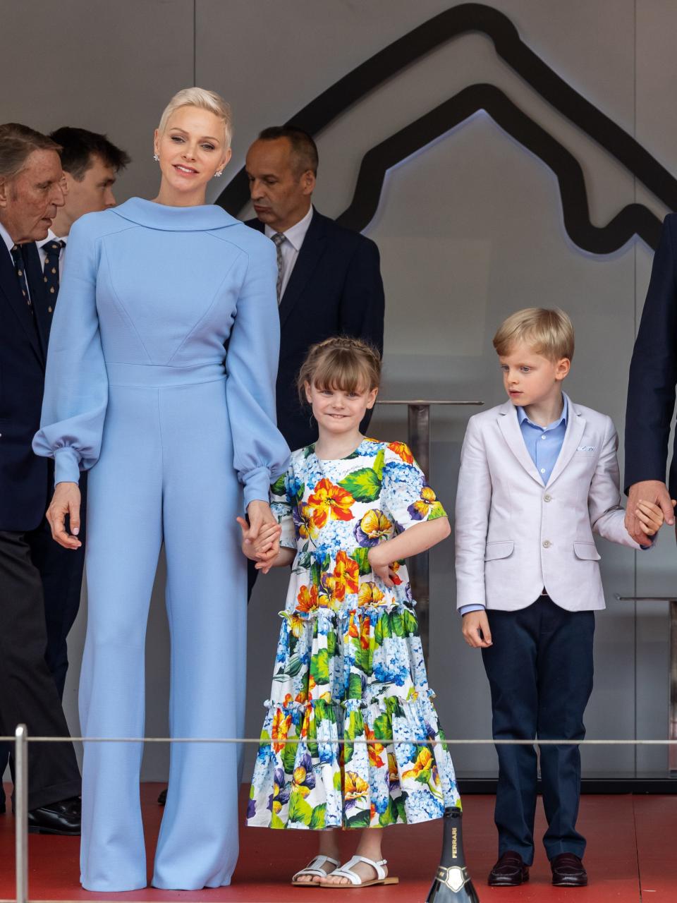 Princess Charlene, Princess Gabriella, and Prince Jacques during the F1 Grand Prix of Monaco at Circuit de Monaco on May 29, 2022.