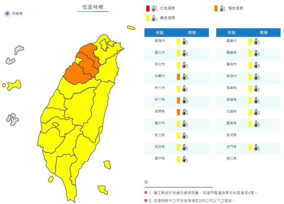 低溫特報(取自氣象局網站)