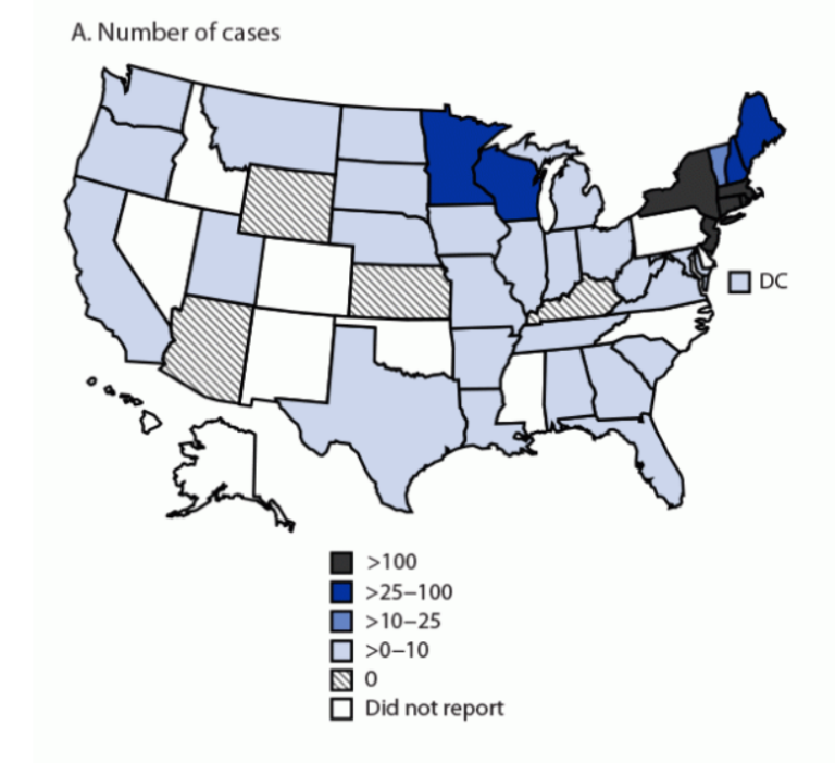 A map from the CDC shows the number of cases of babesiosis, a tick-borne disease, in states around the country. The darker the color, the more cases.