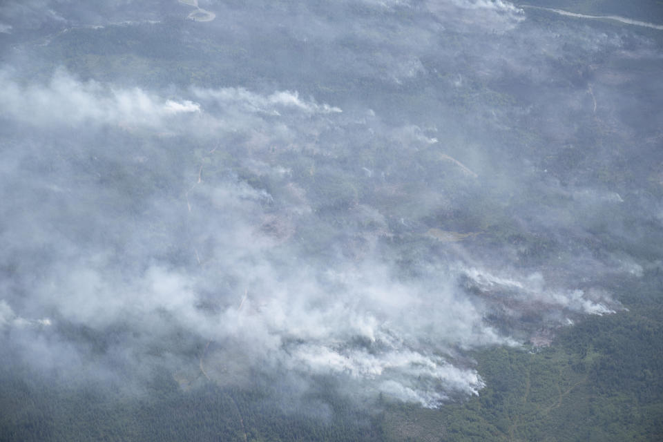 The Greenwood Fire, about 50 miles north of Duluth, Minn., continues to burn, Tuesday, Aug. 17, 2021, as seen from an airplane above the temporary flight restriction zone. (Alex Korman/Star Tribune via AP)