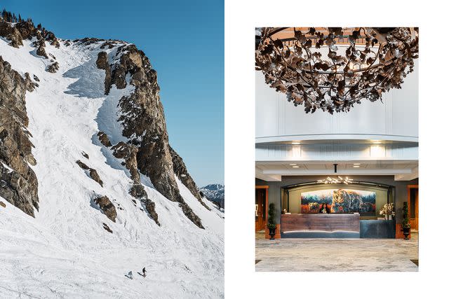 <p>Mark Hartman</p> From left: Skiing the lower section of Pinnacles, an expert run on Lone Peak; the reception area at the Summit Hotel.