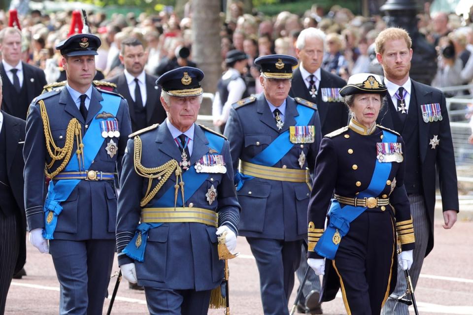 Princess Anne marching alongside her family during the Queen’s funeral procession, Wednesday 14 September (Getty Images)