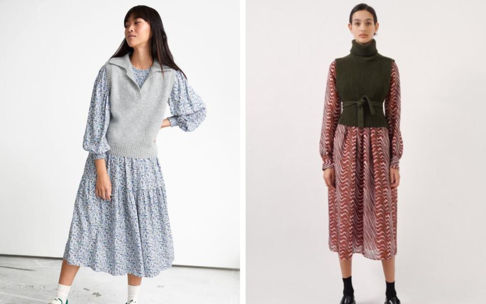 Printed midi dress, £95; and knitted vest, £65, & Other Stories; Knitted vest, £58; and dress, £118, Baum und Pferdgarten