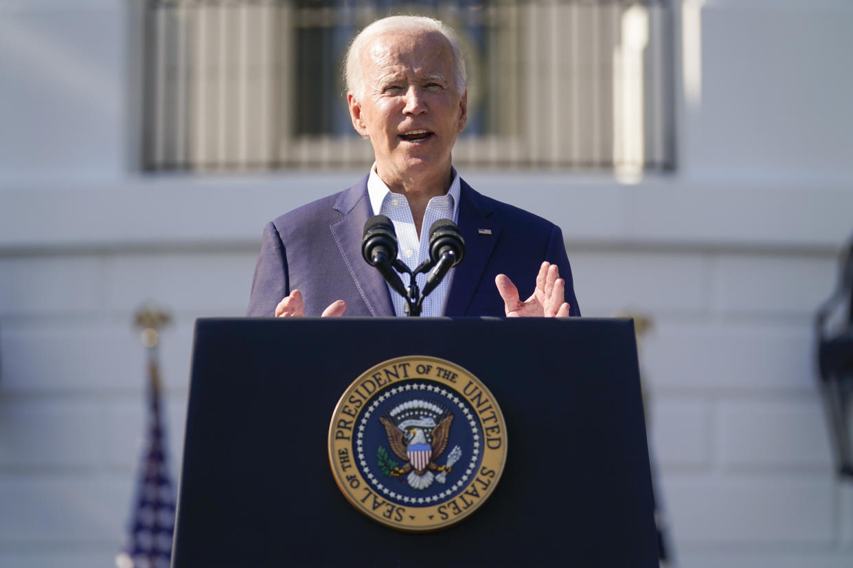 President Biden speaks during a Fourth of July celebration for military families on the South Lawn of the White House, Monday, July 4, 2022, in Washington. (AP Photo/Evan Vucci)