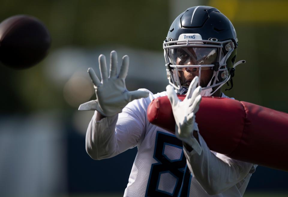 Tennessee Titans wide receiver Racey McMath (81) pulls in a catch during a training camp practice at Saint Thomas Sports Park Tuesday, Aug. 10, 2021 in Nashville, Tenn. 