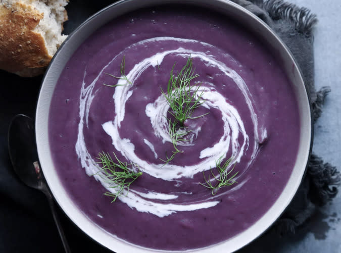 Roasted Purple Potato and Cauliflower Soup