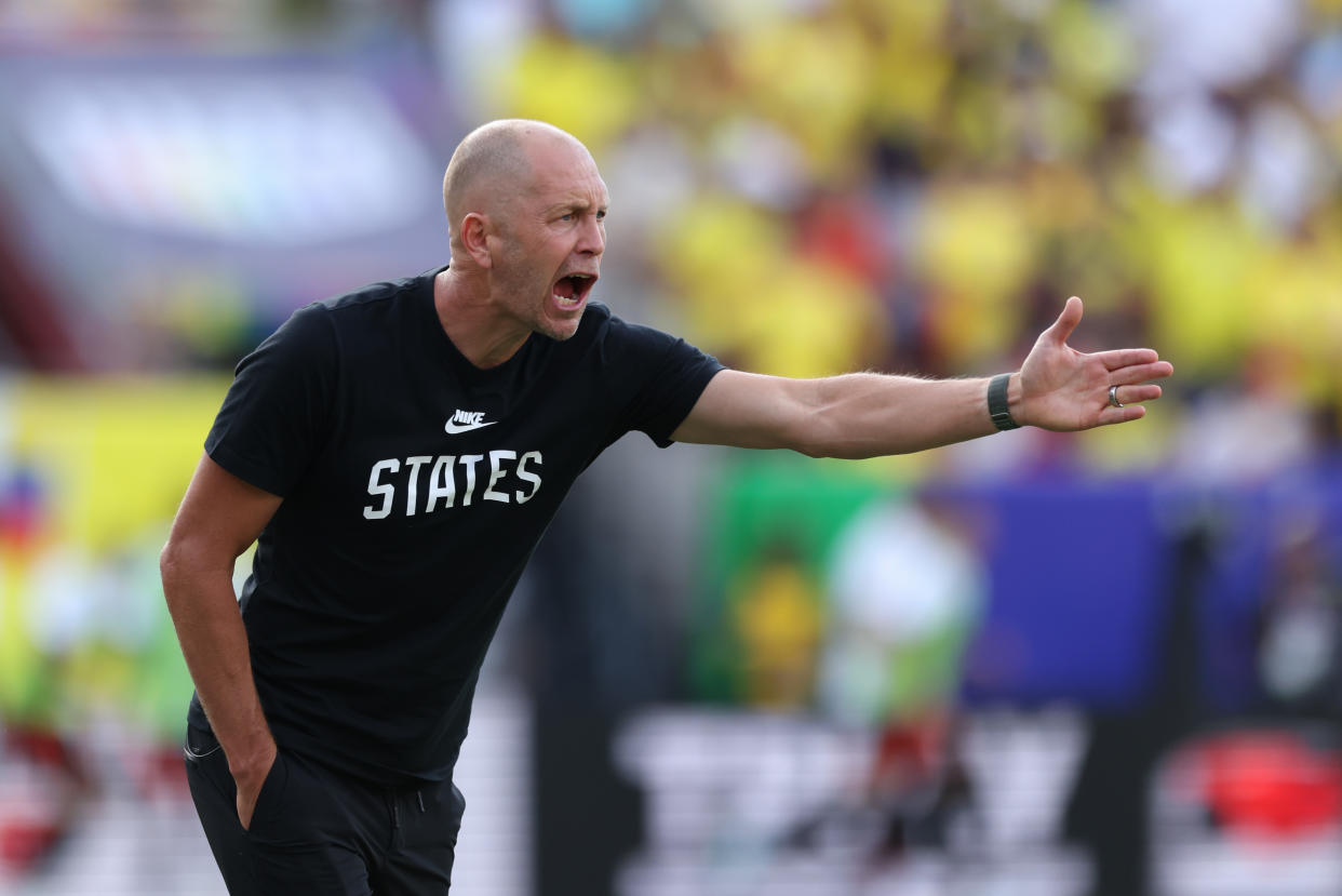 LANDOVER, MARYLAND - JUNE 08: United States head coach Gregg Berhalter shouts instructions during the second half against Colombia at Commanders Field on June 08, 2024 in Landover, Maryland. (Photo by John Dorton/ISI Photos/USSF/Getty Images for USSF)