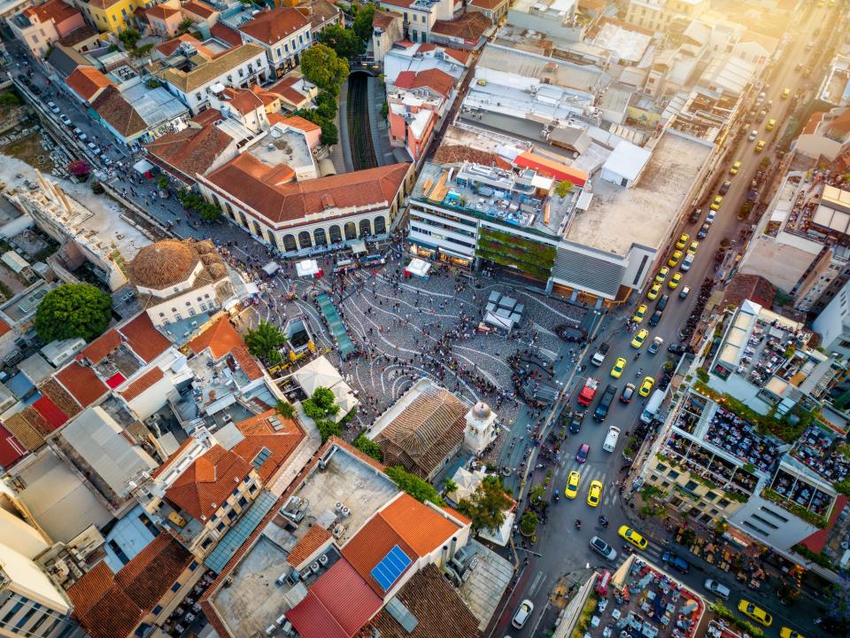 Overhead view of popular square in Greece