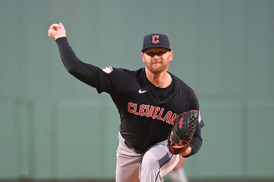 Cleveland Guardians starting pitcher Ben Lively (39) pitches against the Boston Red Sox during the first inning Wednesday in Boston.