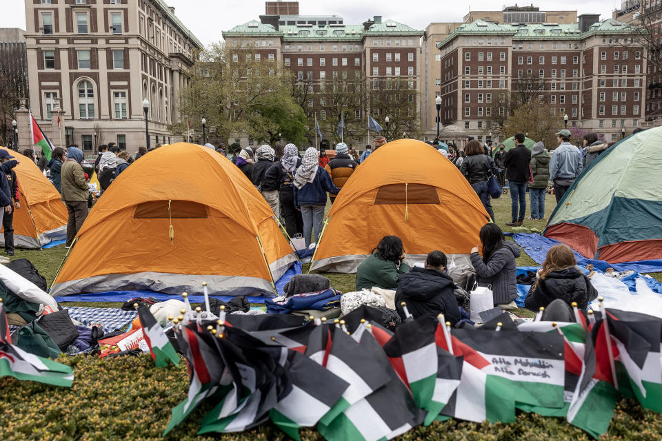 Pro-Palestinian students occupy a central lawn on the Columbia University campus in New York City, on April 21, 2024.<span class="copyright">Andrew Lichtenstein—Corbis/Getty Images</span>