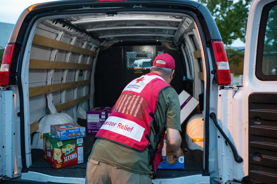 The Red Cross delivers snacks to Lincoln High School where Floridans have taken shelter from Hurricane Idalia on Tuesday, Aug. 29, 2023.