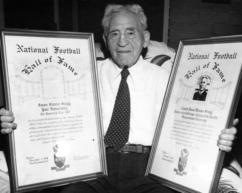 Amos Alonzo Stagg was inducted into the inaugural College Football Hall of Fame as both a player and coach in 1951.