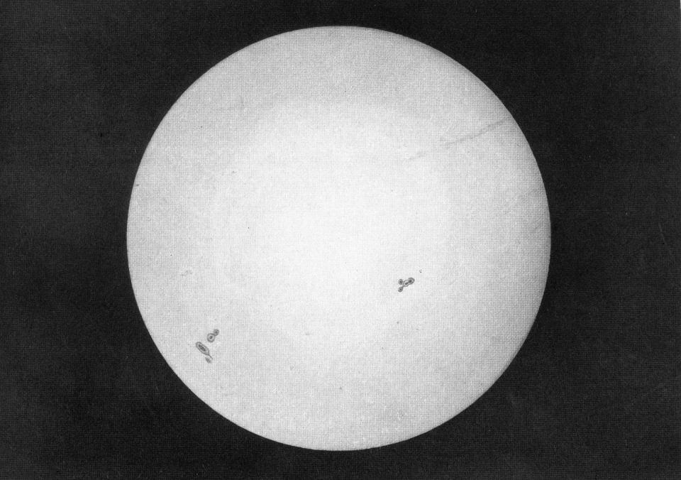 FRANCE  :  Photograph by French physicists Armand Hippolyte Louis Fizeau and Jean Bernard Leon Foucault. Plate XII from 'Popular Astronomy' (1855) by Dominique Francois Jean Arago. Sunspots are relatively cool areas on the Sun?s surface, the photosphere. Their temperature is about 3800 degrees Kelvin, as opposed to around 5800 degrees on the rest of the photosphere, and they can measure as much as 50,000 kilometres across. The number of sunspots is greatest at the point in the cycle of solar activity known as the ?solar maximum?, which occurs roughly every 11 years. They form when magnetic field lines below the surface become twisted and protrude through the photosphere. Sunspots are closely associated with the occurrence of solar flares.  (Photo by SSPL/Getty Images)