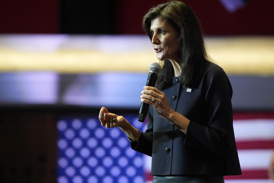 Republican presidential candidate former U.N. Ambassador Nikki Haley speaks during a campaign event at the Hollywood American Legion Post 43, Wednesday, Feb. 7, 2024, in Los Angeles.(AP Photo/Damian Dovarganes)