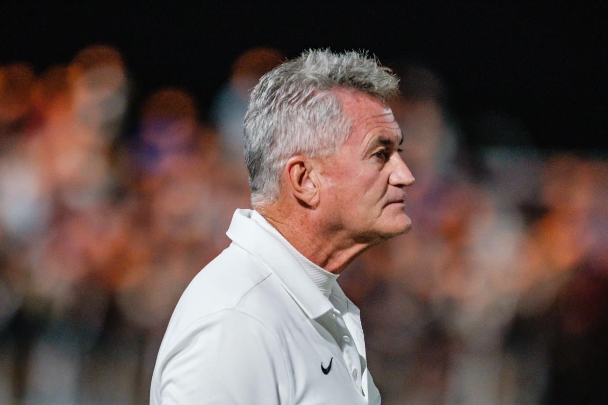 Dover head coach Dan Ifft watches a play against Strongsville back on Oct. 1 at Crater Stadium.