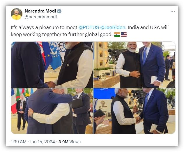 <span>Indian Prime Minister Narendra Modi's X post sharing photos of him with Biden at the G7 summit</span>