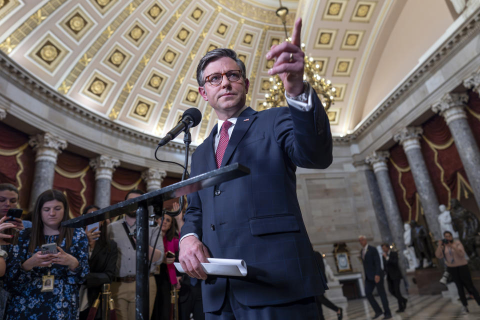 Speaker of the House Mike Johnson, R-La., speaks with reporters to discuss his proposal of sending crucial bipartisan support to aid Ukraine, Israel and Taiwan after weeks of inaction, at the Capitol in Washington, Wednesday, April 17, 2024. (AP Photo/J. Scott Applewhite)