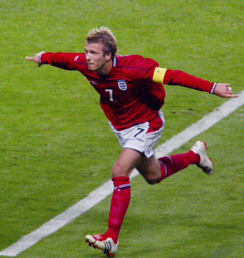 David Beckham celebrates his penalty against Argentina in the 2002 World Cup