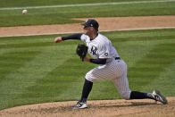 New York Yankees starting pitcher Corey Kluber throws during the eighth inning of a baseball game against the Detroit Tigers at Yankee Stadium, Sunday, May 2, 2021, in New York. (AP Photo/Seth Wenig)
