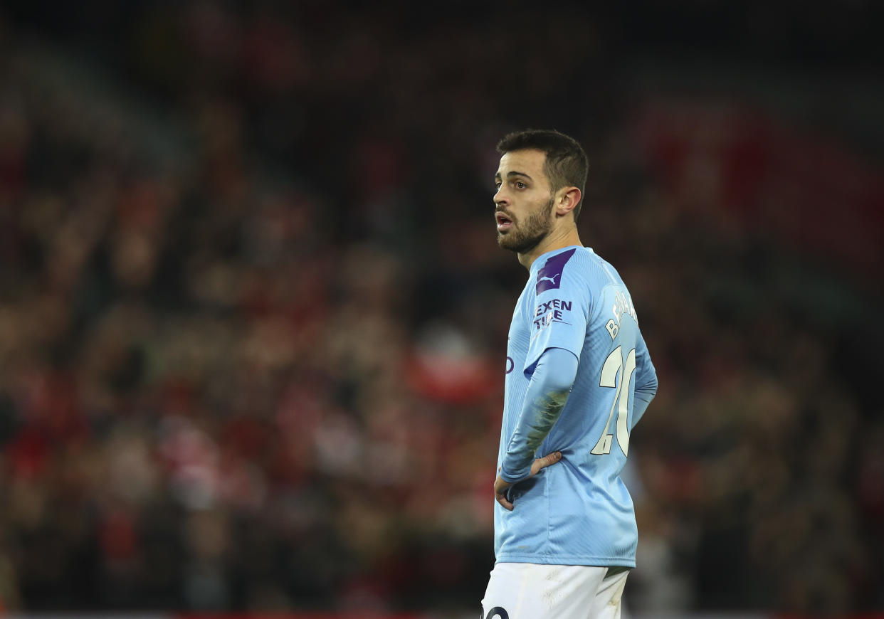 LIVERPOOL, ENGLAND - NOVEMBER 10: Bernardo Silva of Manchester City during the Premier League match between Liverpool FC and Manchester City at Anfield on November 10, 2019 in Liverpool, United Kingdom. (Photo by Robbie Jay Barratt - AMA/Getty Images)