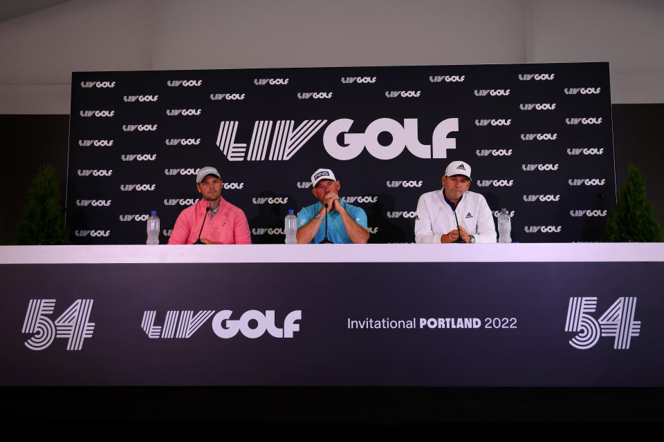 (Left to right) LIV golfers Martin Kaymer, Lee Westwood and Sergio Garcia responded Wednesday to the PGA Tour's increased prize money and other changes. (Photo by Chris Trotman/LIV Golf/via Getty Images)