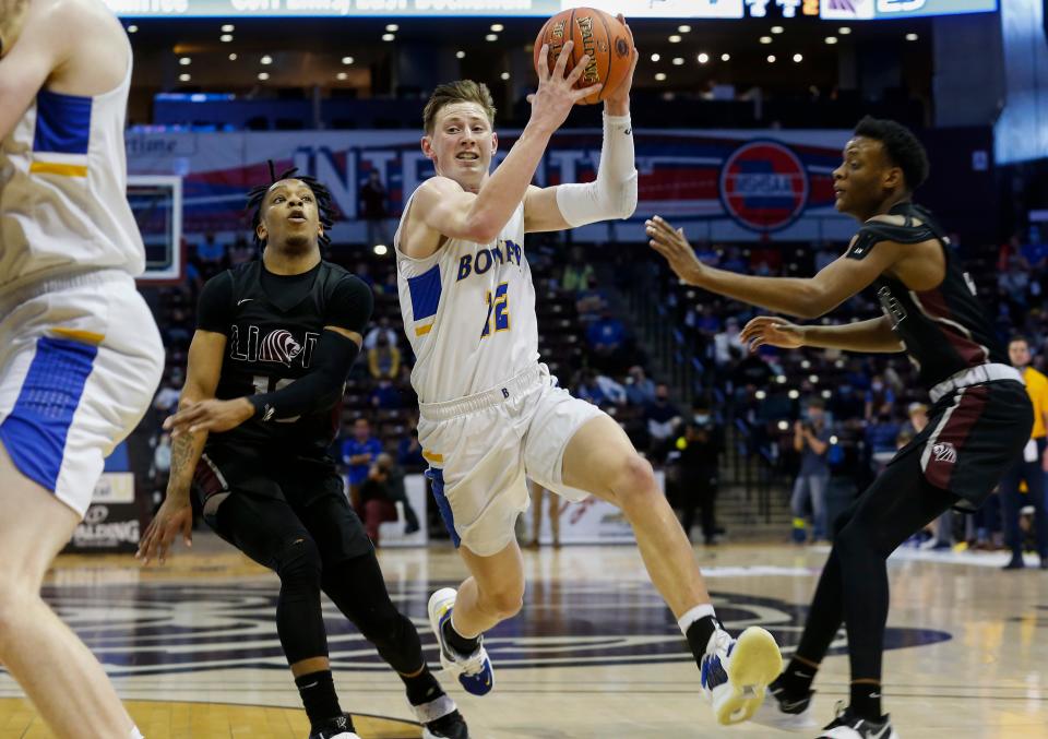 Kyle Pock, of Bolivar, drives to the net during the Liberators 56-66 loss to Cardinal Ritter in the class 5 state basketball championship game at JQH Arena on Friday, March 19, 2021. 